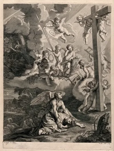 The agony of Christ in the garden of Gethsemane; an angel descends to strengthen him while cherubs hover with the instruments of the Passion