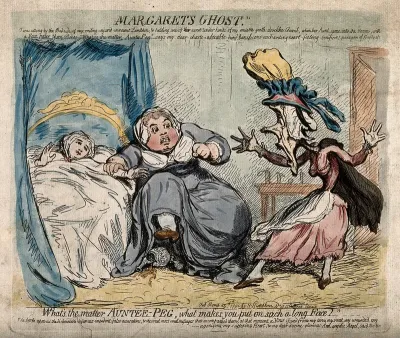 The alarmist Miss Minifie informing Miss Gunning and her mother of their banishment from the general's house