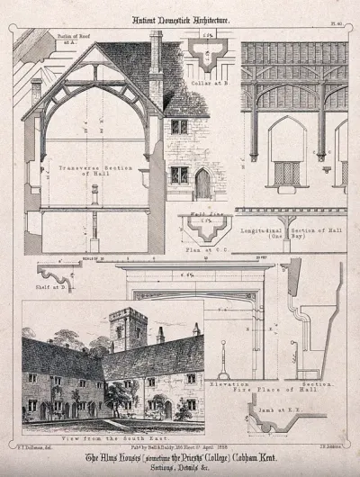 The Alms Houses, Cobham, Kent: facade, and architectural details, with a key