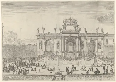 The altar of the holy sacrament; at left, the sacrament beneath a canopy, carried in procession and followed by the Louis XIV and Anne of Austria heading towards a large arched structure, spectators at left and right kneel in front of tapestries afte