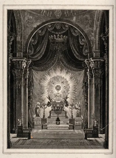 The altar of the Royal Archconfraternity of the Forty Hours: the Host in glory above the altar, surmounted by a baldachin