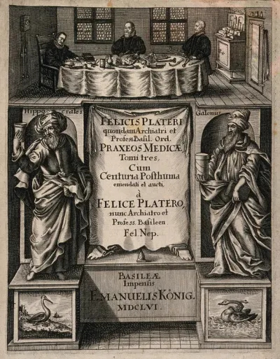 The anatomist Felix Platter, seated at a table covered with surgical instruments in a room with two other men, below which are the figures of Hippocrates and Galen