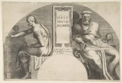 The ancestors of Christ flanking an inscribed tablet, an arched top composition
