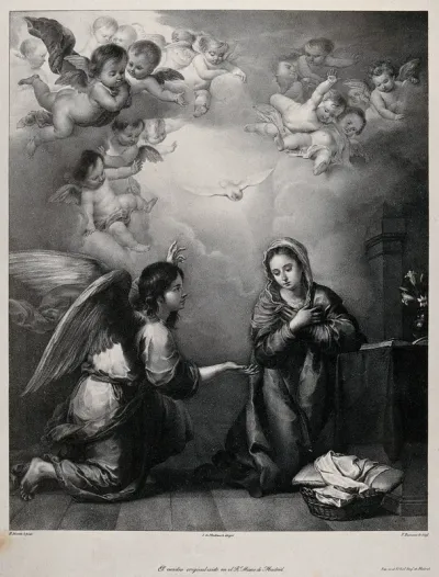 The angel, announcing the birth of Christ, gives a lily to the Virgin