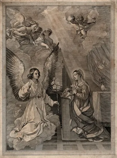 The angel, announcing the birth of Christ, gives a lily to the Virgin