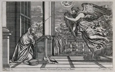 The angel Gabriel announces the birth of Jesus to Mary; the light of the Holy Spirit alights on her brow