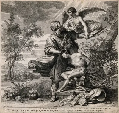 The angel intervenes as Abraham prepares to sacrifice Isaac