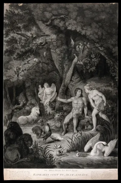 The angel Raphael appears among the animals in the garden of Eden to gaze upon Adam and Eve