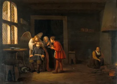 The angel Raphael curing the blindness of Tobit