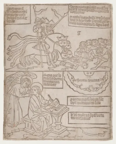 The Angels of the Euphrates Killing Mankind; and The Angel Preventing Saint John from Recording the Words of the Seven Thunders, from an "Apocalypse" blockbook, second edition