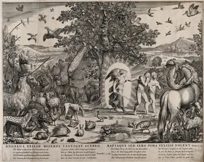 The animals look on as the angel expels Adam and Eve from paradise