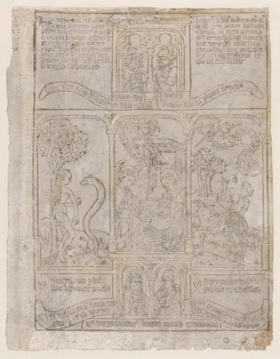 The Annunciation, flanked by Eve and the Serpent and Gideon's Fleece, from a "Biblia Pauperum" blockbook, third edition