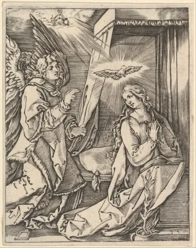 The Annunciation; on the left the archangel Gabriel approaches the praying Virgin Mary in her bedchamber, over her head a dove representing the Holy Ghost, in the sky above a figure of God the Father, from "The Passion of Christ", after Dürer