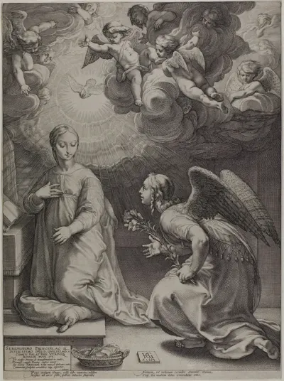 The Annunciation, plate one from The Birth and Early Life of Christ