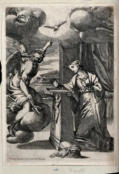 The Annunciation to the Virgin: the Virgin kneels at a prie-dieu, Gabriel points to the Holy Ghost in the form of a dove