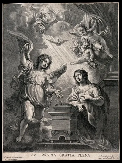 The Annunciation to the Virgin, who kneels at a prie-dieu