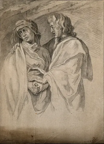 The apostle John attempts to comfort a sorrowful Virgin Mary