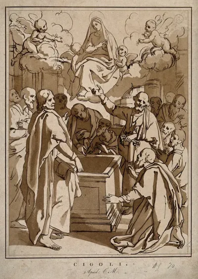 The apostles gathered around the empty tomb of Mary on her Assumption
