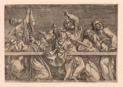 The Apostles Looking at Christ and the Virgin in a Glory of Angels (bottom left plate)