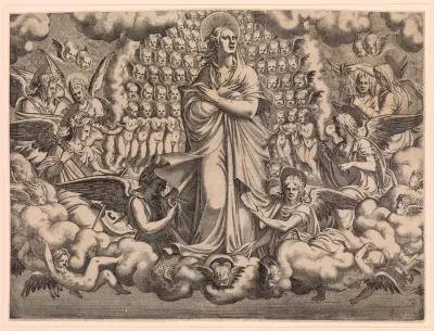 The Apostles looking at Christ and the Virgin in a Glory of Angels (top left plate)