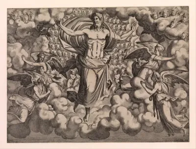 The Apostles Looking at Christ and the Virgin in a Glory of Angels (top right plate)