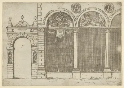 The arcade of the palace of the Archbishop of Bologna with temporary decorations for the entry of Pope Clement VIII in Bologna in 1598