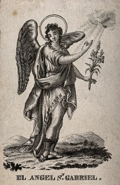 The Archangel Gabriel holding lilies and pointing to a dove representing the Holy Ghost