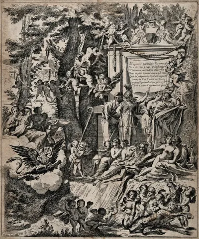 The arrival of a purple griffin, representing Cardinal Franciotti, is greeted in Lucca by virtues, a river god accompanied by naiads, and genii