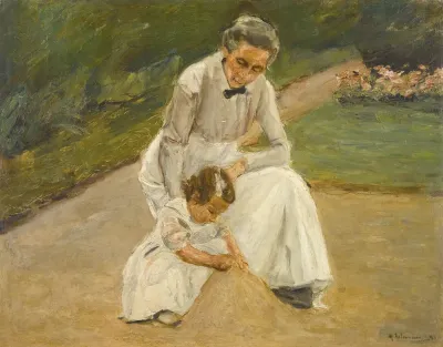 The artist's granddaughter and her nurse playing in the garden