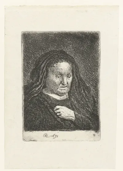 The artist's mother with her hand on her chest