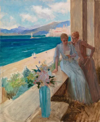 The Artist's Wife and Emilia von Etter on a Balcony in Cannes