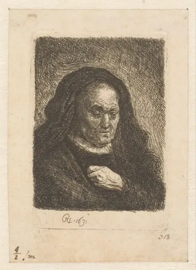 The artist's mother with her hand on her chest