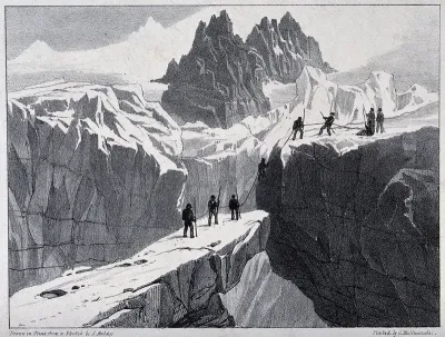 The ascent of Mont Blanc by John Auldjo's party in 1827: mountaineers scaling a wall of ice above a precipice