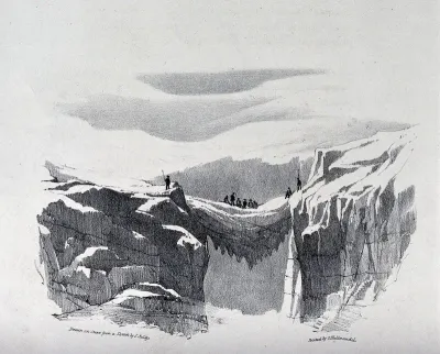 The ascent of Mont Blanc by John Auldjo's party in 1827: the party breakfasting on a bridge of snow between two cliffs