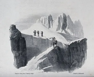 The ascent of Mont Blanc by John Auldjo's party in 1827: the party negotiating a cliff