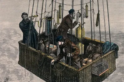 The ascent of the balloon 'Zenith' above the clouds with its three occupants (Crocé-Spinelli, Tissandier and Sivel) conducting operations, 1875