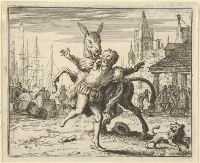 The Ass, Jealous of the Attention the Dog Is Getting From His Master, Looks to Imitate Him by Jumping at the Master's Neck from Hendrick van Alcmar's Renard The Fox