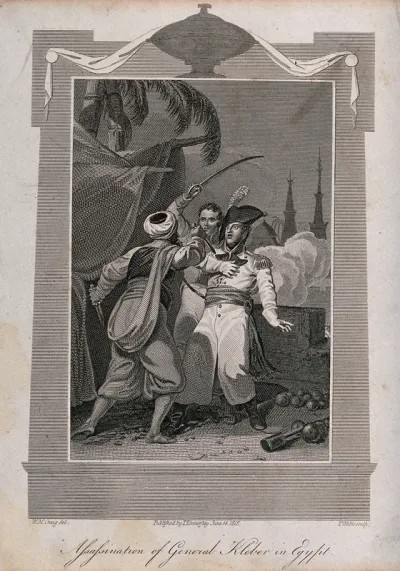 The assassination of General Kléber in Egypt: Kléber is stabbed in the chest by a man in oriental dress outside his tent
