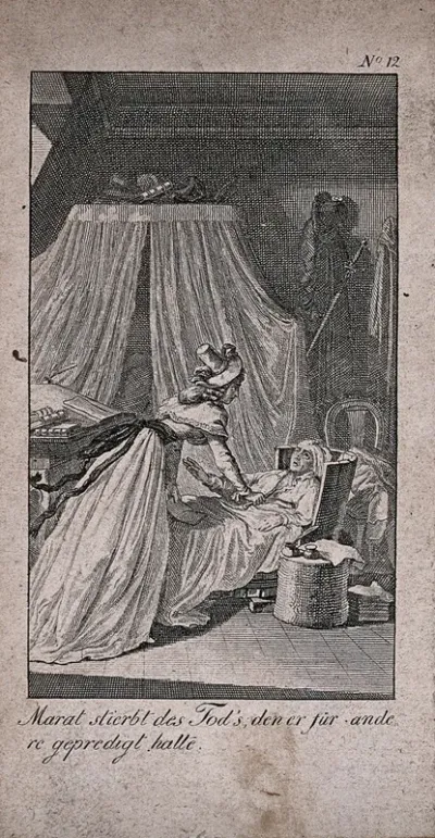 The assassination of Jean Paul Marat: Charlotte Corday is about to stab Marat in the bath