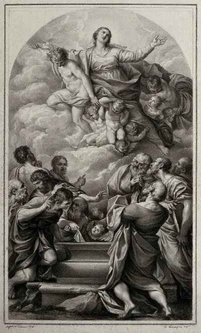 The Assumption of the Virgin Mary; below the apostles crowd around her empty tomb