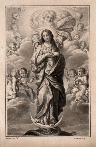 The Assumption of the Virgin Mary; God the Father lifts her up by the shoulders