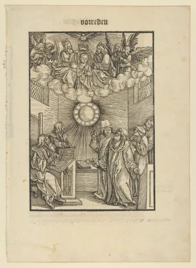 The Author Writing the Layenspiegel; The Trinity and the Virgin at the Upper Center, from "Der Neue Layenspiegel"