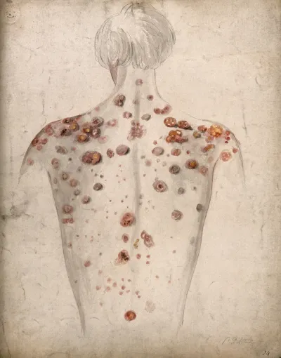 The back and shoulders of a man suffering from diseased skin and abcesses (?)
