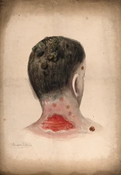 The back of the neck and head of a woman, displaying an area of severely diseased tissue on the neck, with abcesses on the scalp