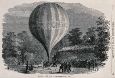 The balloon "Royal Victoria" being launched at night by Charles Green at Vauxhall Gardens, London, watched by crowds of people