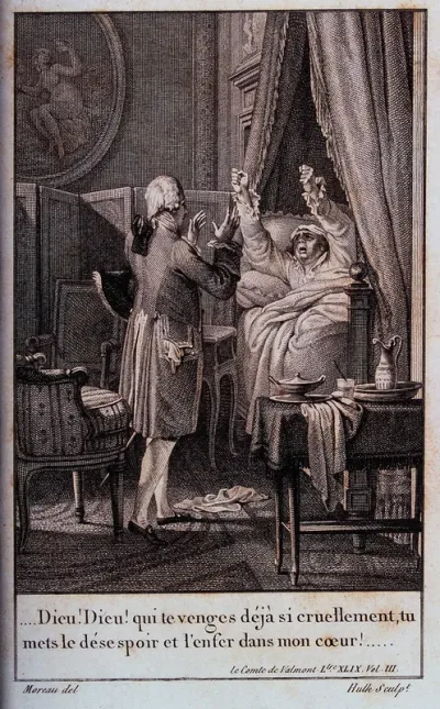The Baron de Lausane dies an atheist's death, despite the efforts of the Comte de Valmont to convert him