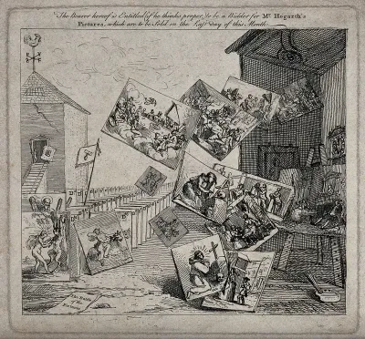The battle of the pictures: between an auction house and Hogarth's studio, old master paintings are lined up in ranks outnumbering and attacking Hogarth's contemporary counterparts