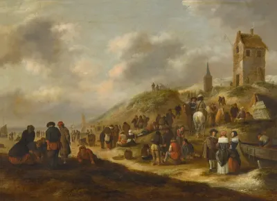 The Beach at Scheveningen, with Elegantly-dressed Figures, and Fishermen Selling Their Catch