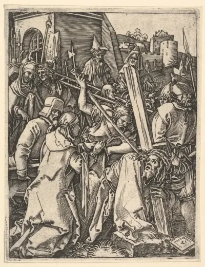 The Bearing of the Cross; Christ bearing the cross, supporting himself with one arm on the ground, from "The Passion of Christ", after Dürer