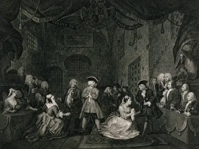 The Beggar's opera: on trial for robbery, Captain Macheath stands in shackles in Newgate prison, while two of his lovers (Polly Peachum and Lucy Lockit) plead for his life